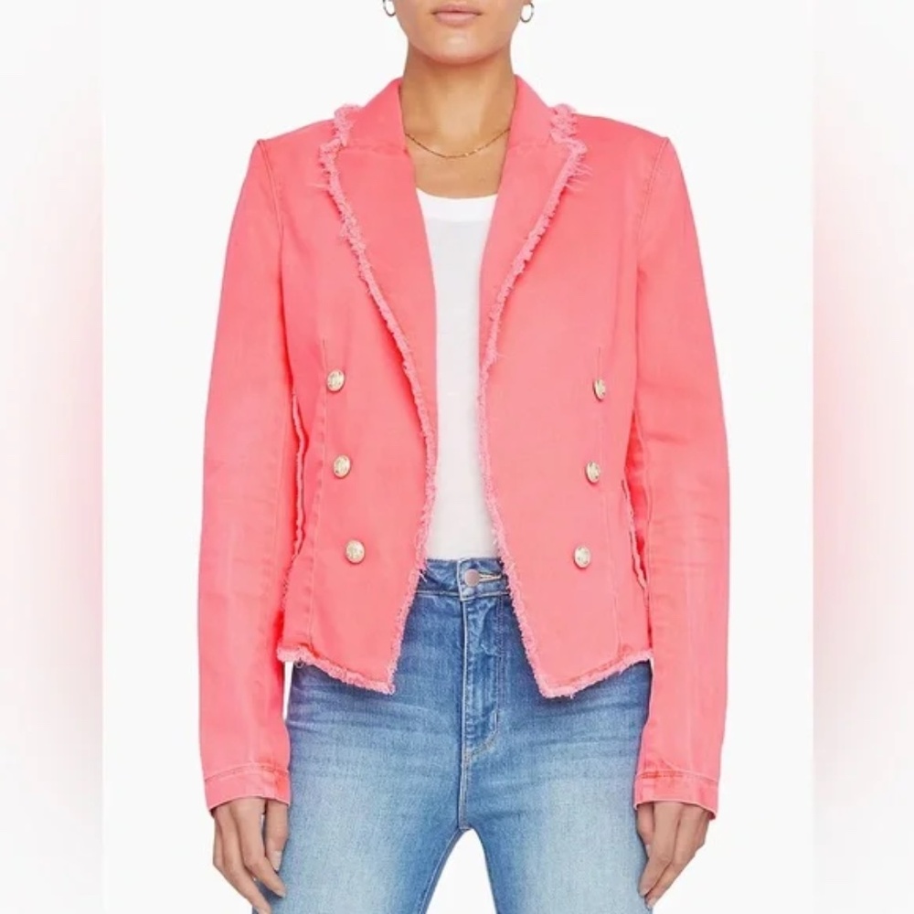 L'AGENCE Wayne Cropped Fray Jacket Size XS in Neon Coral Pink NWT